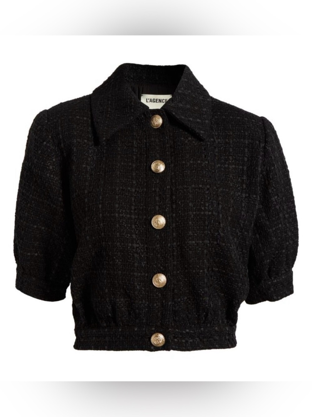 L'AGENCE Black Boucle Short-Sleeve Cropped Jacket with Gold Buttons